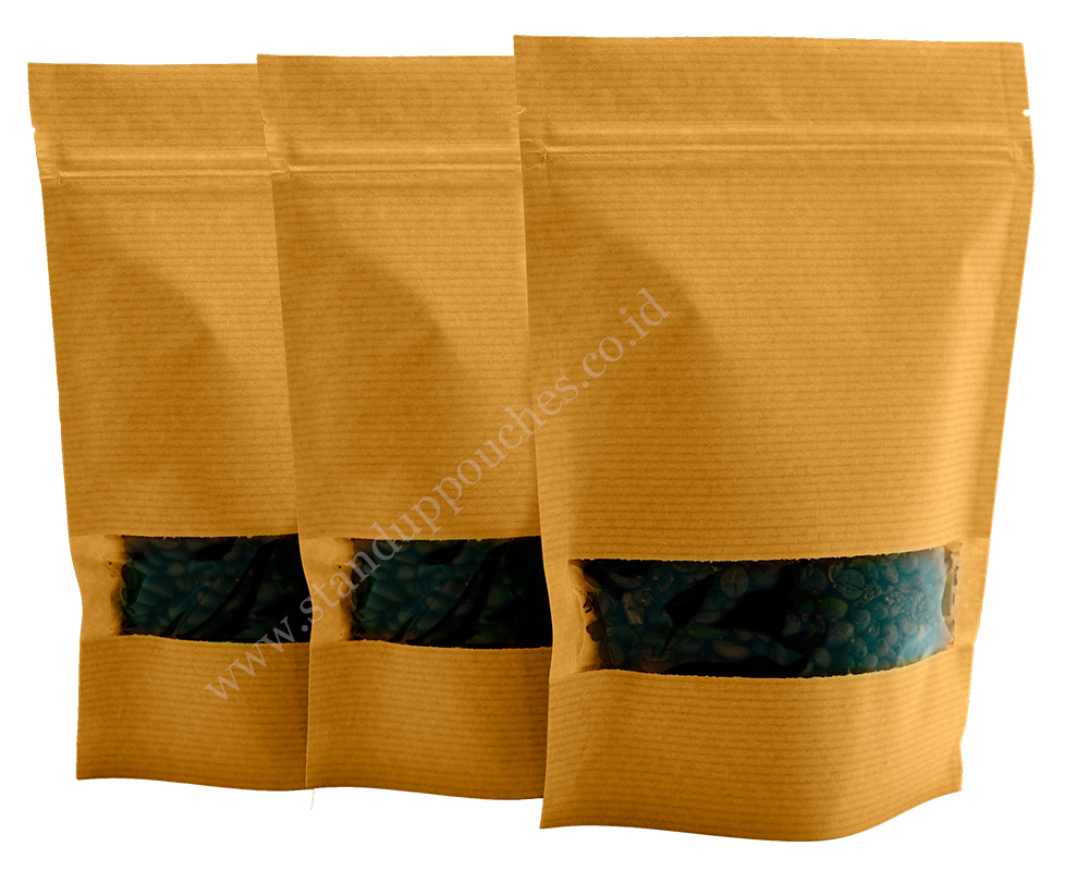 Brown Striped paper pouches with rectangle window