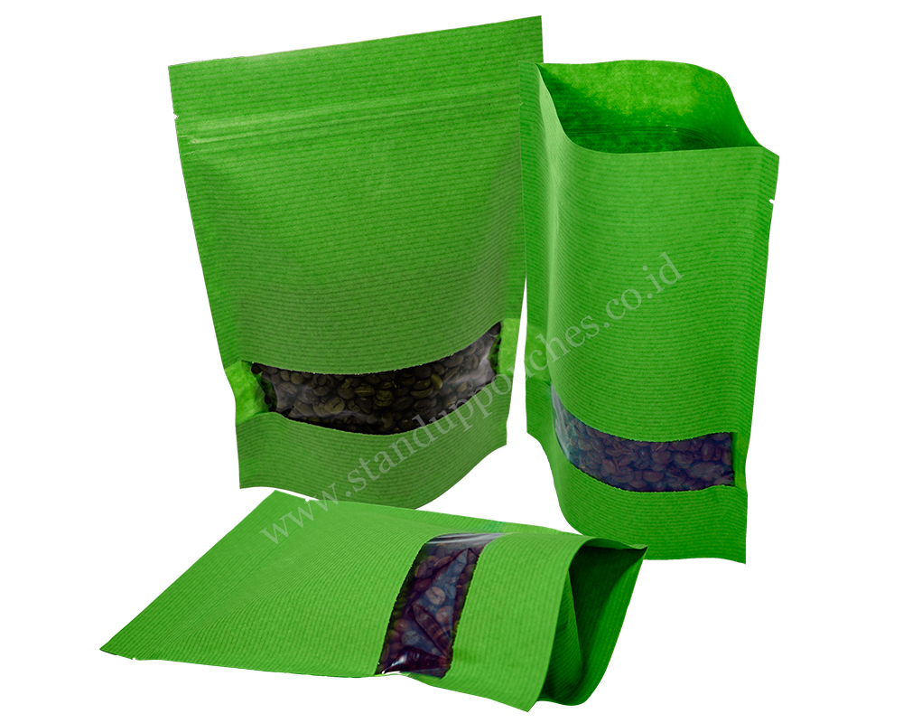 Green Striped paper pouches with rectangle window
