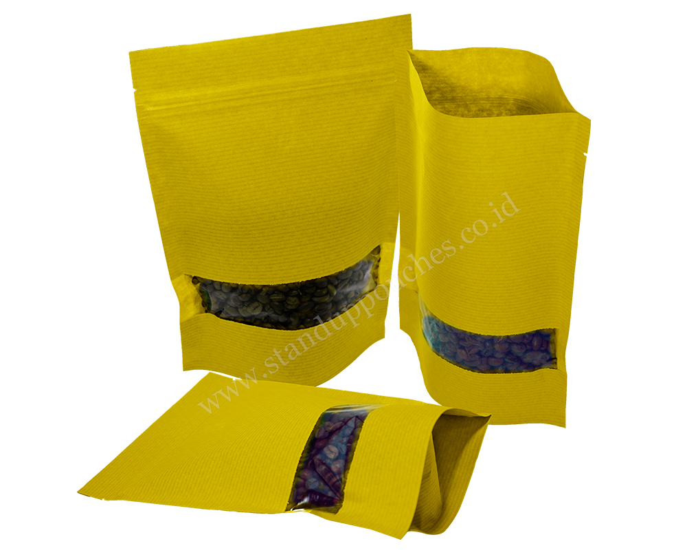 Yellow Striped paper pouches with rectangle window